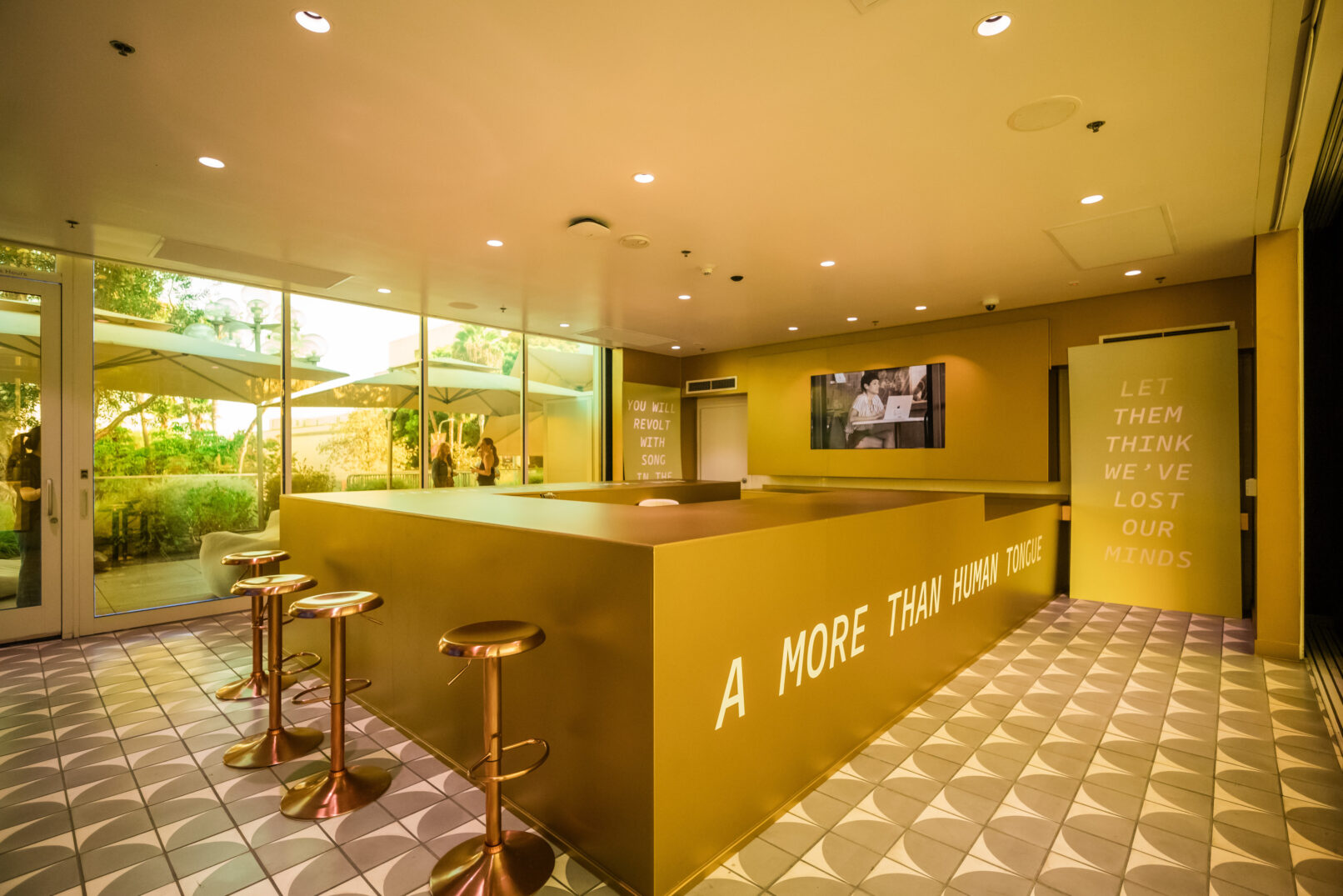 A More Than Human Tongue. Featuring Voice in My Head by Lauren Lee McCarthy and Kyle McDonald, and One Who Looks at the Cup. Exhibition Design by Lauren Lee McCarthy. Music Center LA, 2024. Photo by Will Tee Yang for The Music Center.