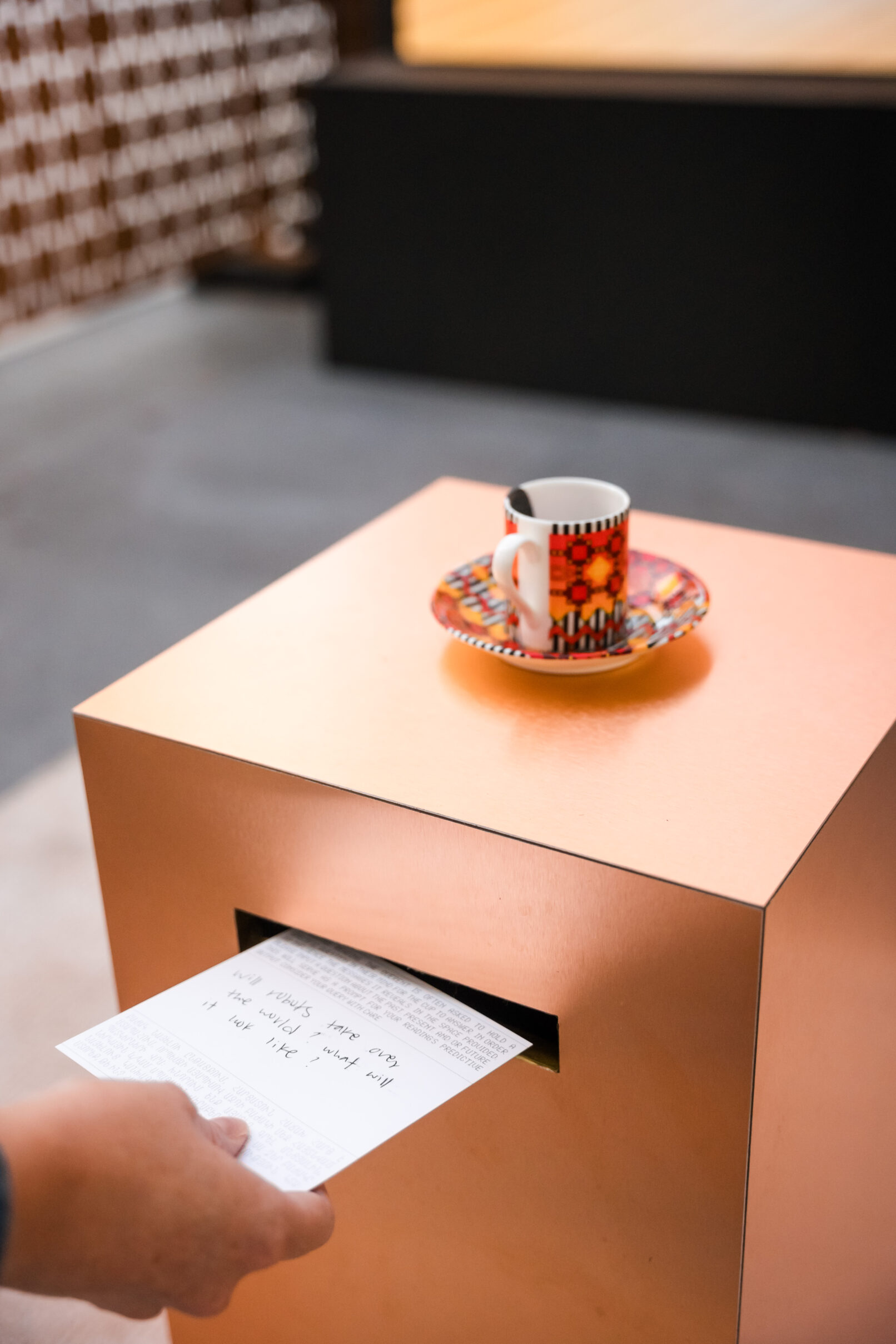 A More Than Human Tongue. Featuring Voice in My Head by Lauren Lee McCarthy and Kyle McDonald, and One Who Looks at the Cup. Exhibition Design by Lauren Lee McCarthy. Music Center LA, 2024. Photo by Will Tee Yang for The Music Center.